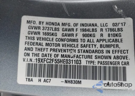 2017 Honda Civic Lx z USA, uszkodzony, nr VIN 19XFC2F55HE031103